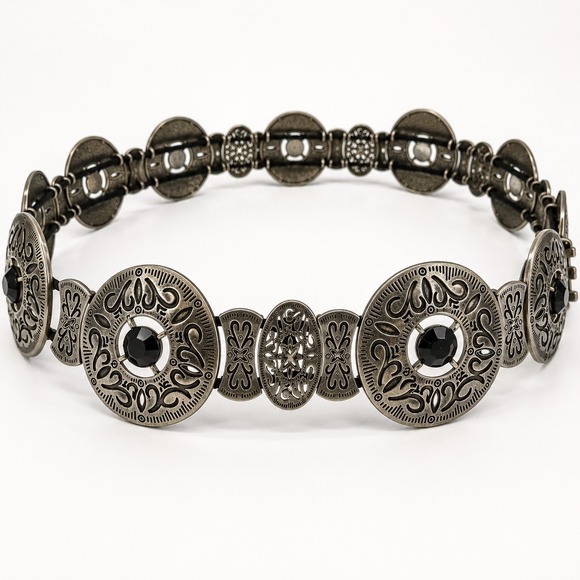 Vintage Accessories - Vintage Y2K Silver Tone Concho Belt Black Rhinestone Boho Western Festival 37"